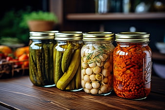 Assorted Pickled Vegetables in Glass Jars on Wooden Table