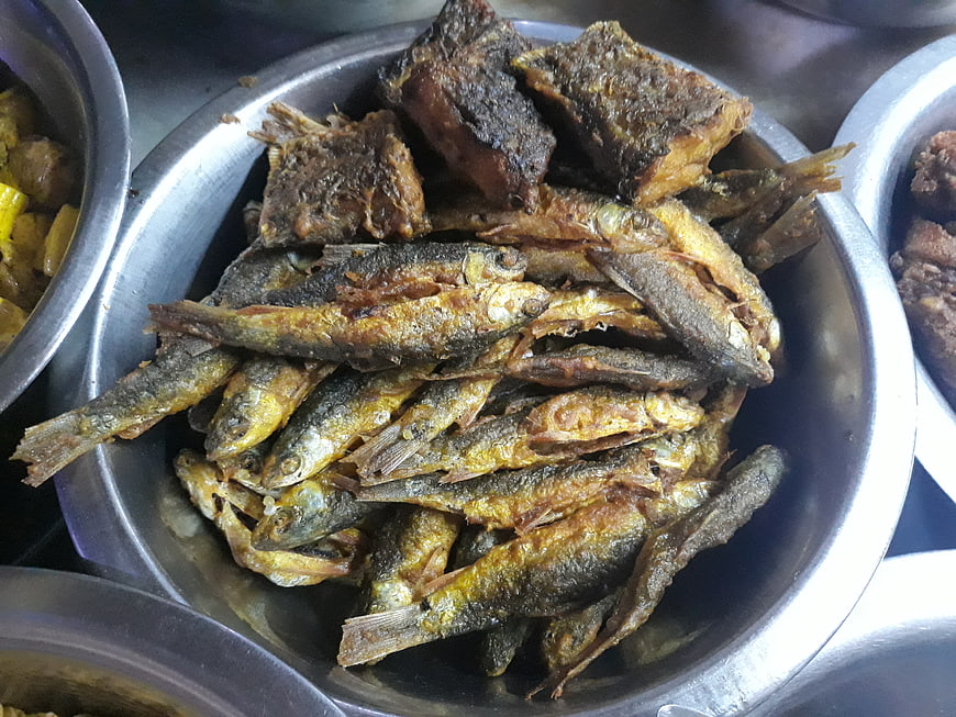 Fried fish and meat in stainless steel bowls