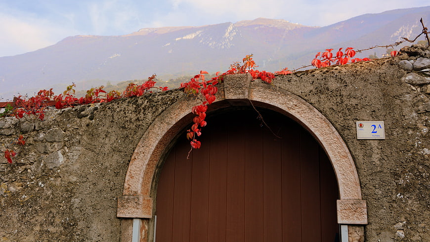 Rustic stone archway with red autumn leaves and mountains