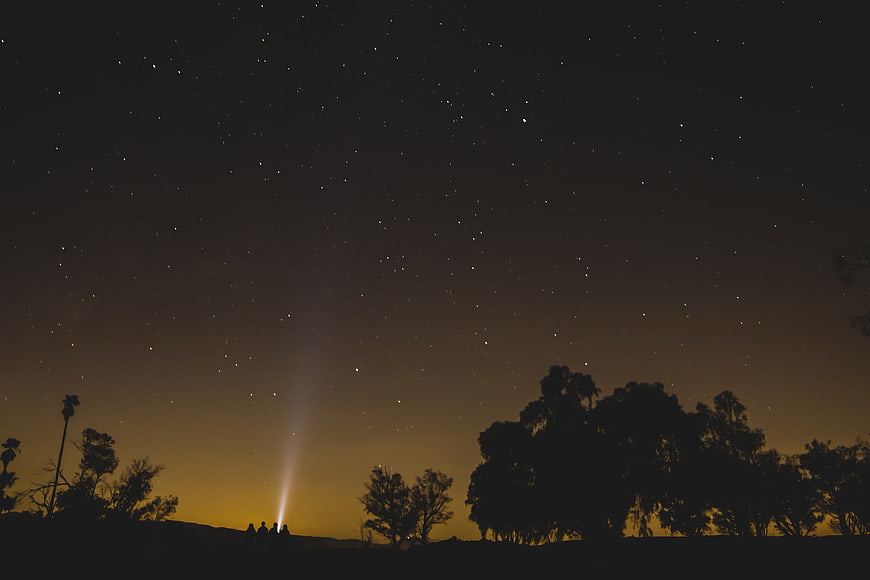 Silhouetted Group Watching Starry Night Sky with Flashlight Beam