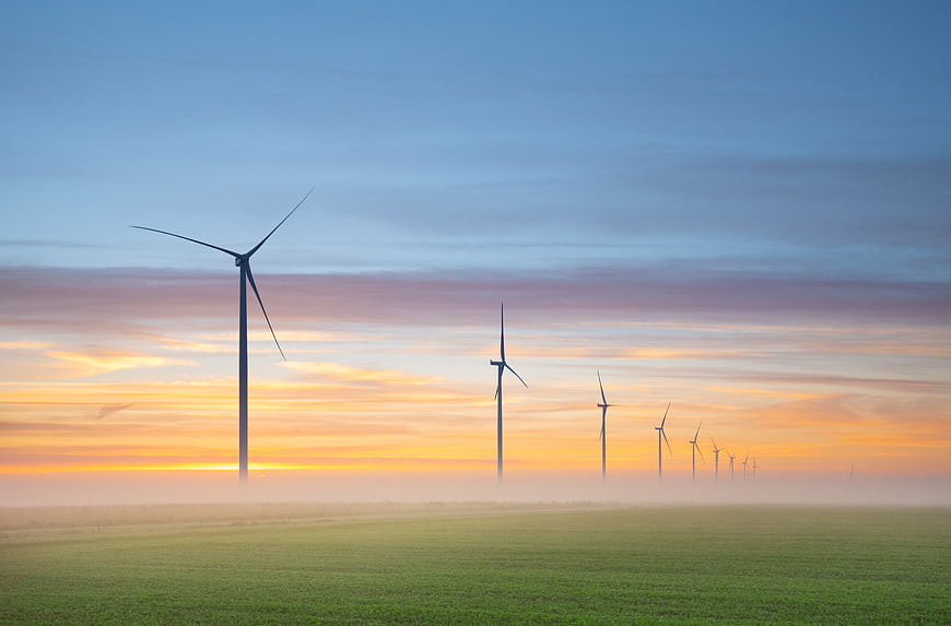 Wind turbines in misty field at sunrise