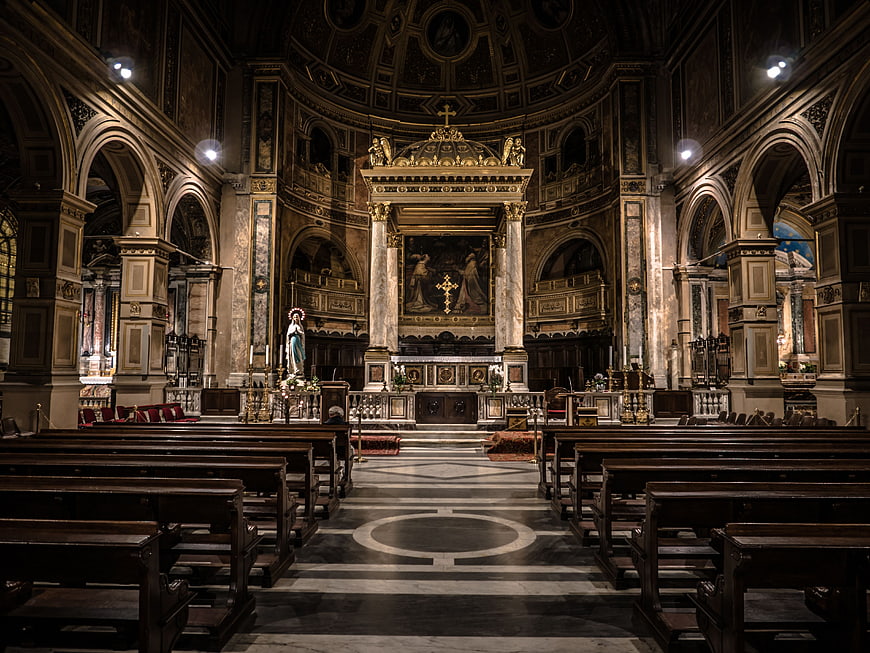 Grand Cathedral Interior with Ornate Altar and Pews
