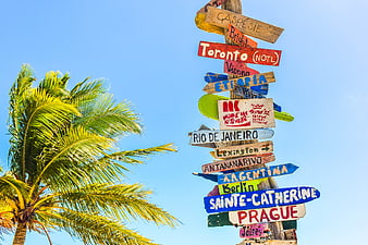 Colorful Handmade Travel Direction Signs On Wooden Post With Palm Tree
