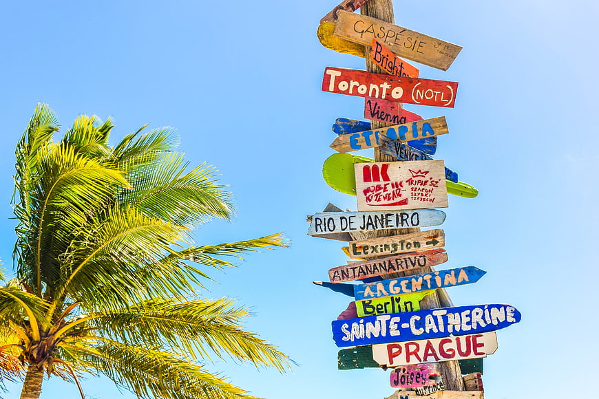 Colorful Handmade Travel Direction Signs On Wooden Post With Palm Tree