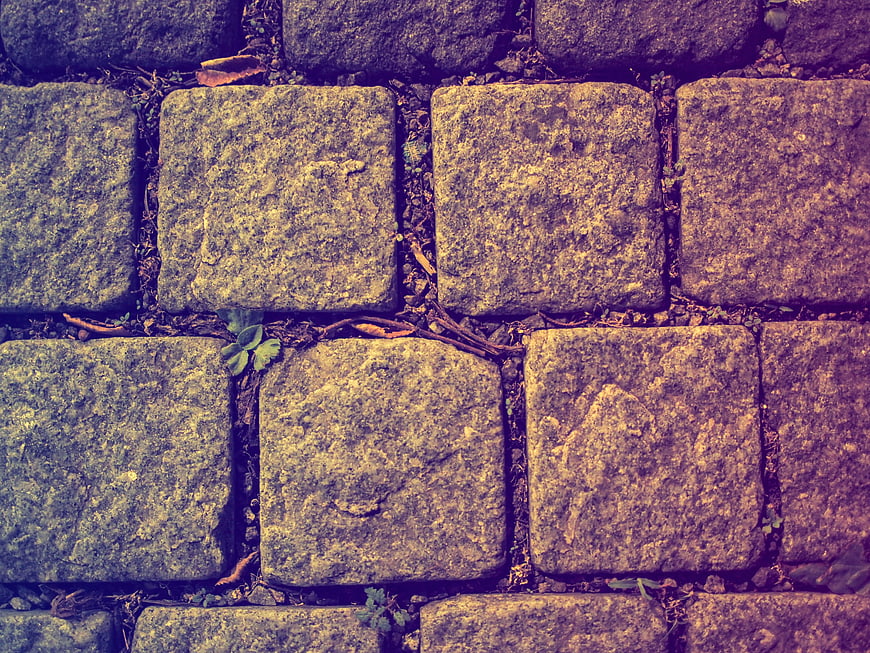 Top View of Weathered Stone Pavers with Moss and Weeds