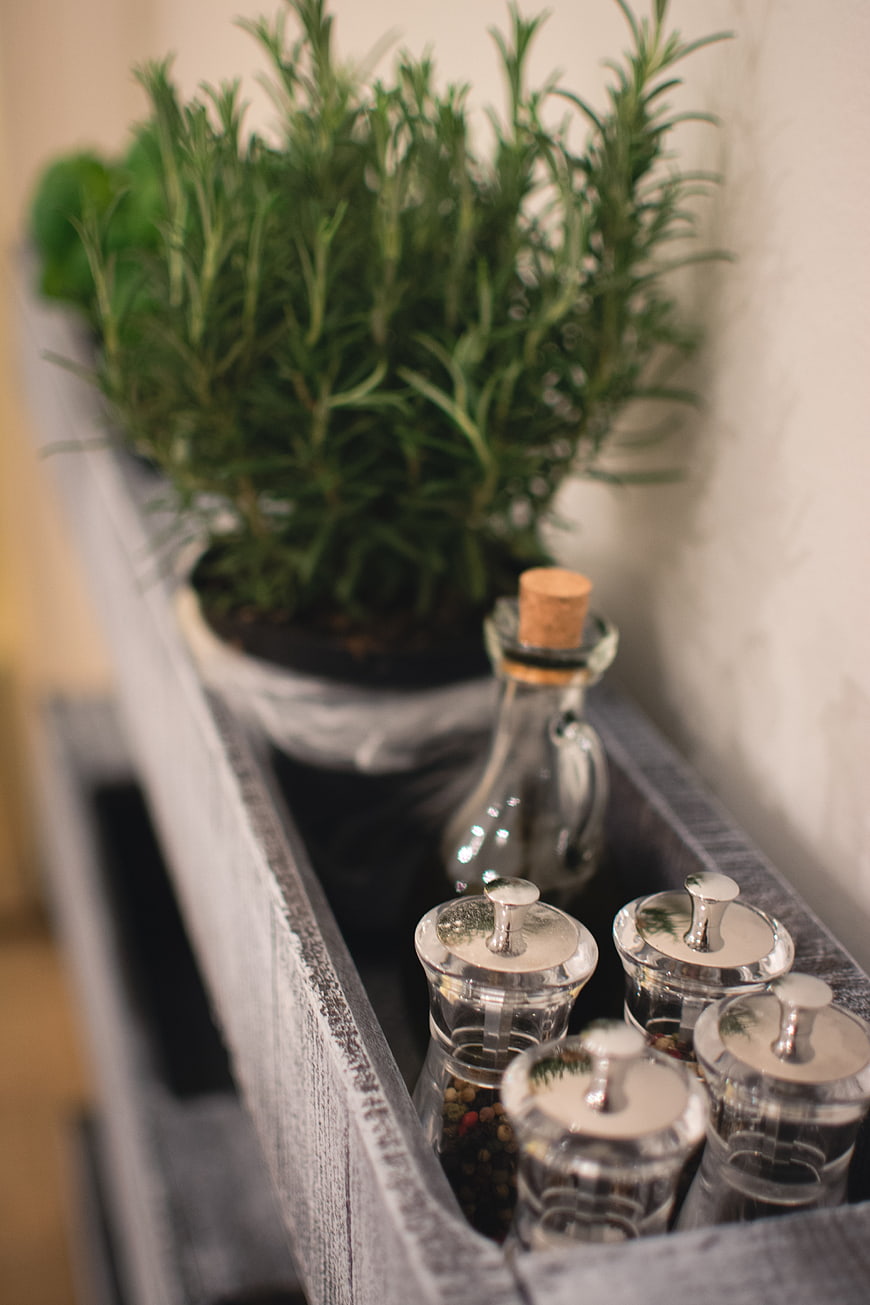 Fresh rosemary and spices in rustic wooden tray