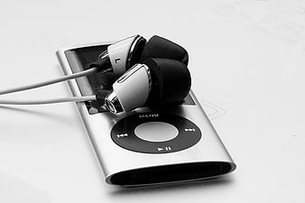 Black and White Close-Up of iPod Nano with Earbuds
