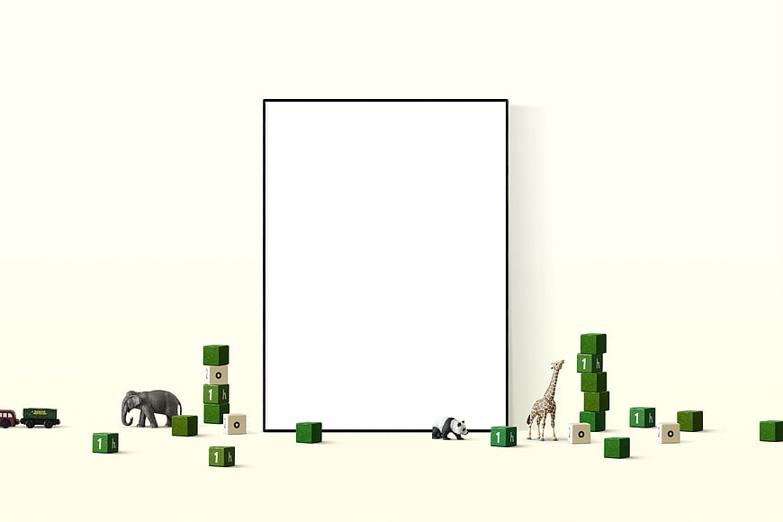 Vertical Poster Mockup with Toy Animals and Blocks