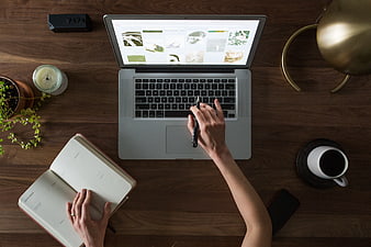 Top-down view of workspace with laptop, planner, and coffee