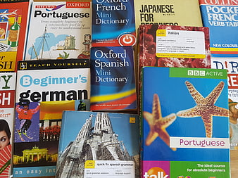 Collection of foreign language learning books and dictionaries