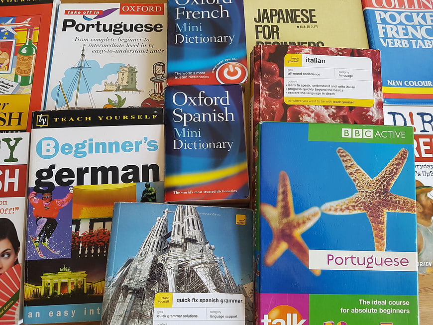 Collection of foreign language learning books and dictionaries
