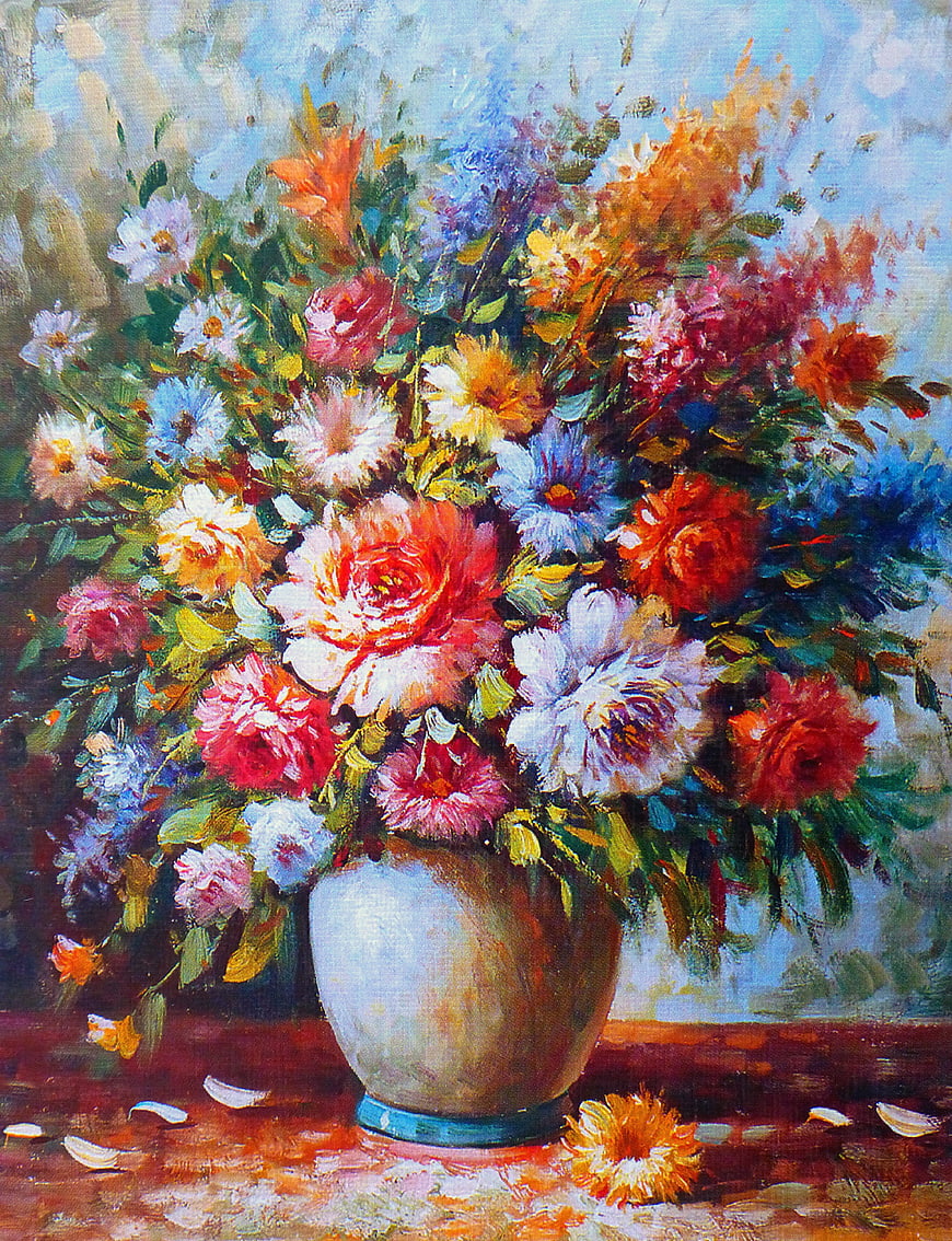 Colorful Oil Painting of Floral Bouquet in Vase