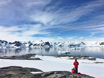 Hikers in Red Jackets Overlooking Antarctic Icebergs and Mountains