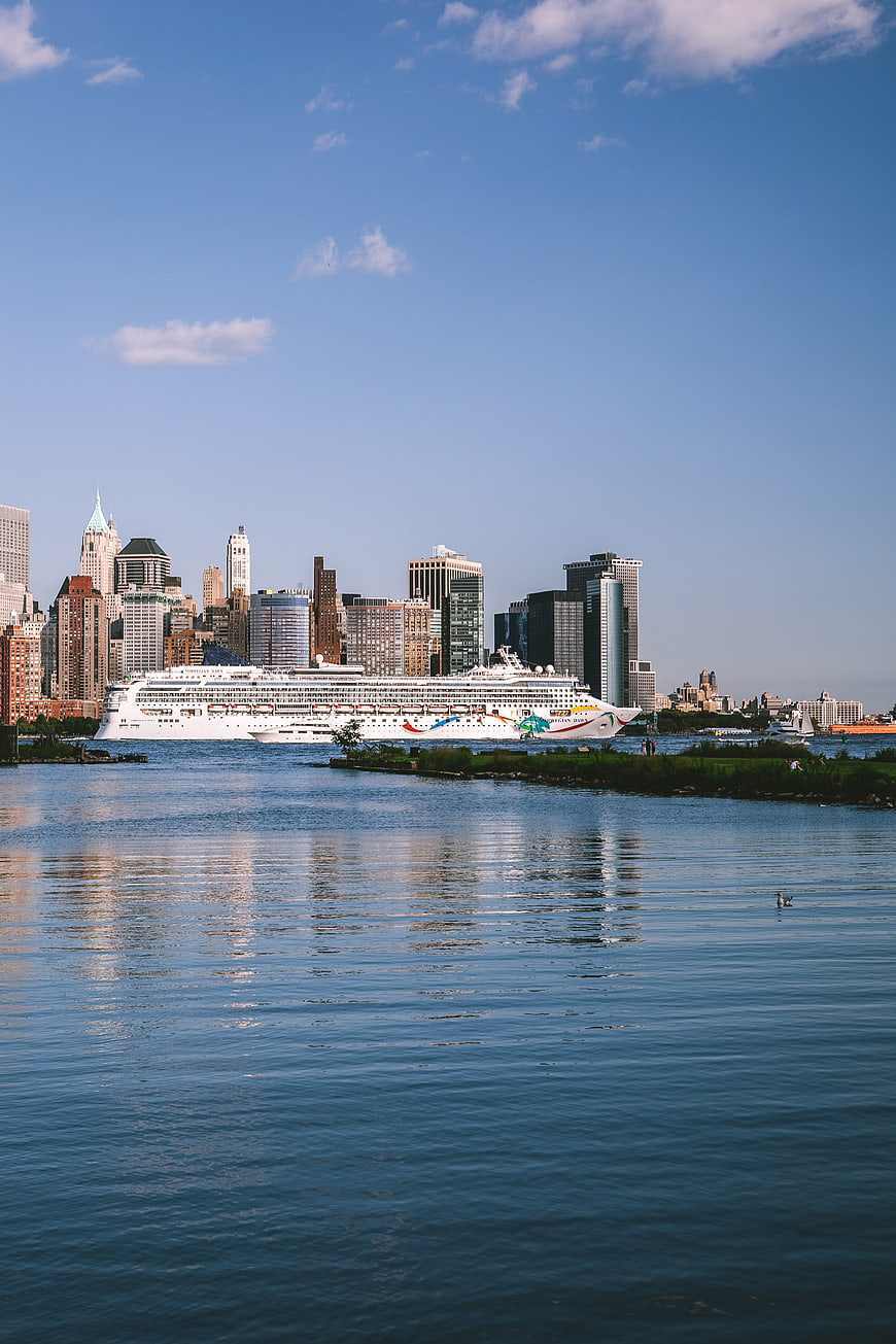 Cruise Ship Docked in New York Harbor with Skyline