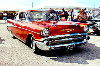 Red 1957 Chevrolet Bel Air Classic Car at Outdoor Show