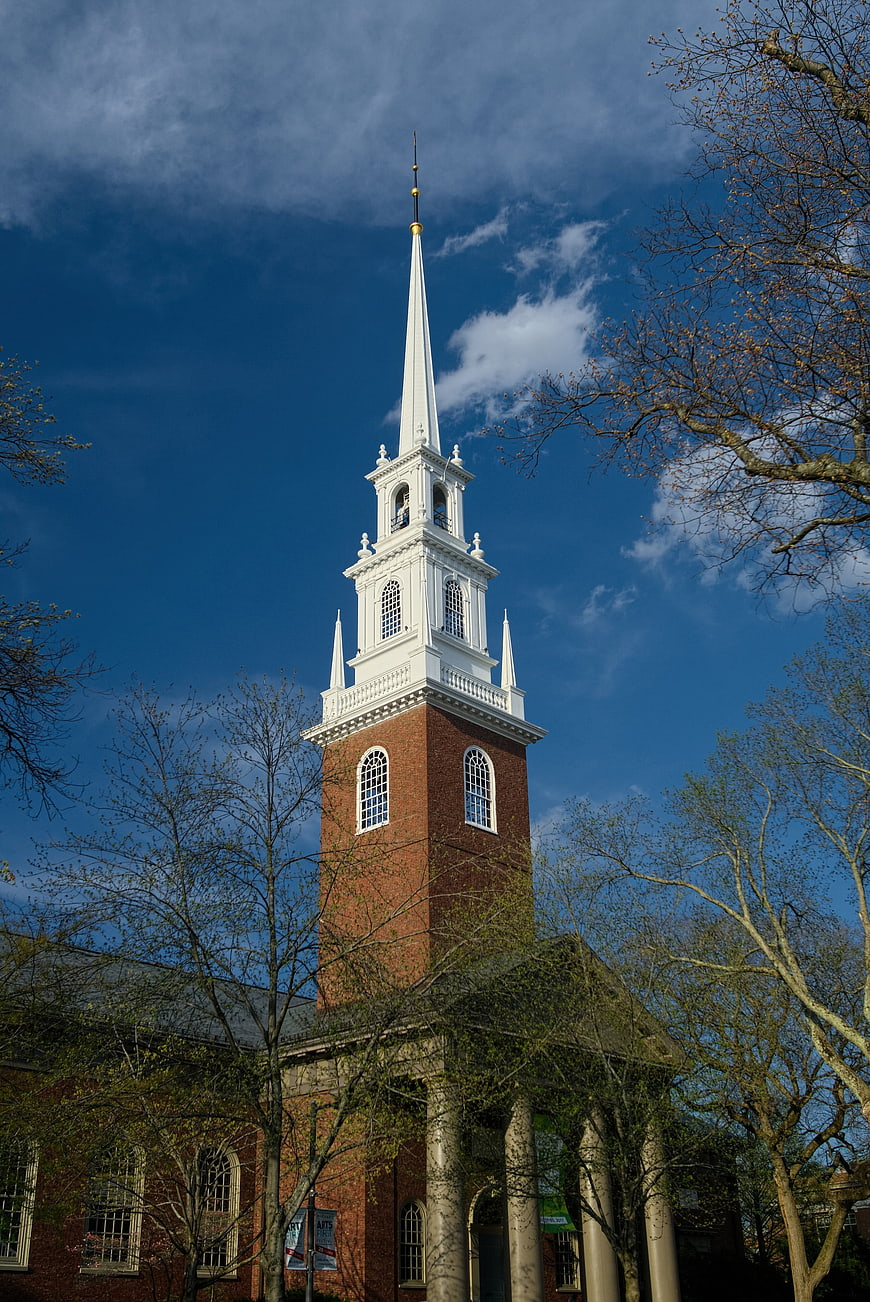 Harvard Memorial Church Steeple Against Blue Sky