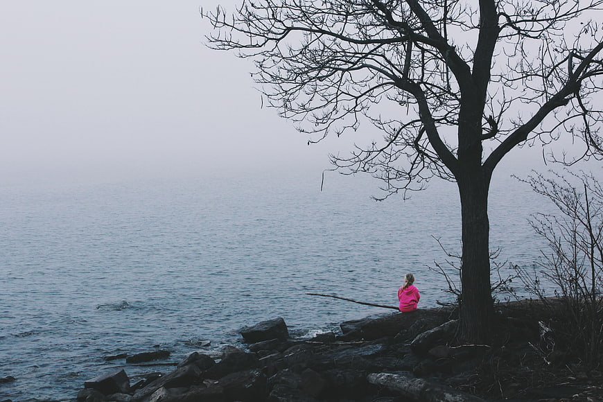 Girl in Pink Sitting by Foggy Lake Under Bare Tree