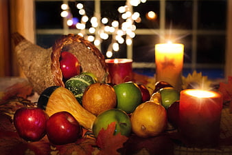 Autumn Harvest Still Life With Cornucopia, Apples, Gourds, And Candles