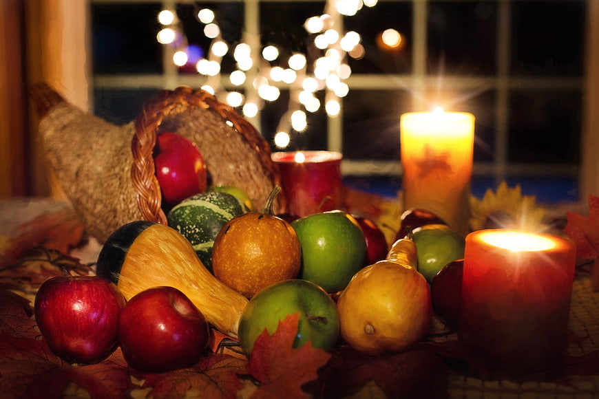 Autumn Harvest Still Life With Cornucopia, Apples, Gourds, And Candles
