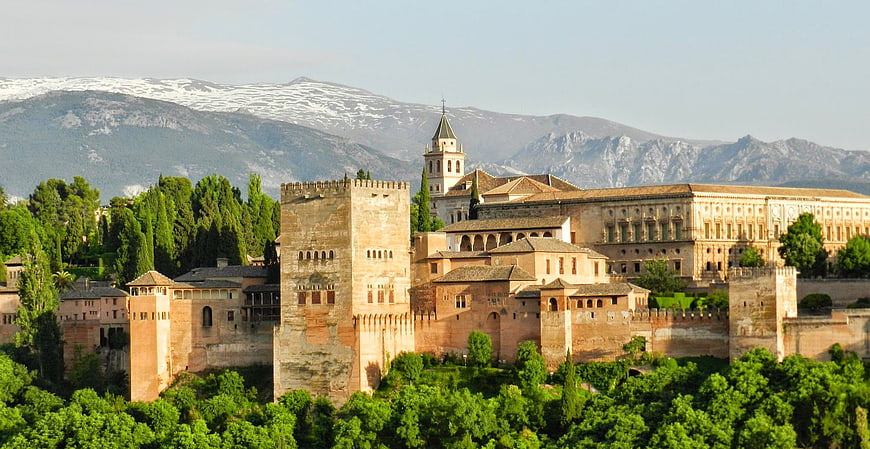 Alhambra Palace and Sierra Nevada Mountains in Granada Spain