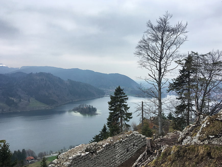 Scenic Lake Landscape with Island and Stone Wall