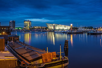 Amsterdam Harbor Night Skyline with Boats