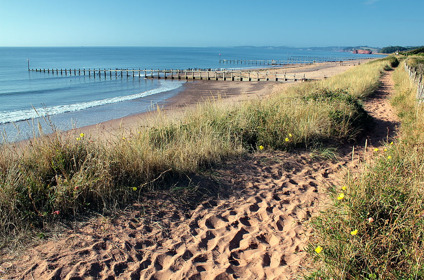 Sandy Coastal Path Leading to Beach with Wooden Groynes