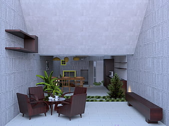 Modern Concrete Courtyard with Wooden Furniture and Plants