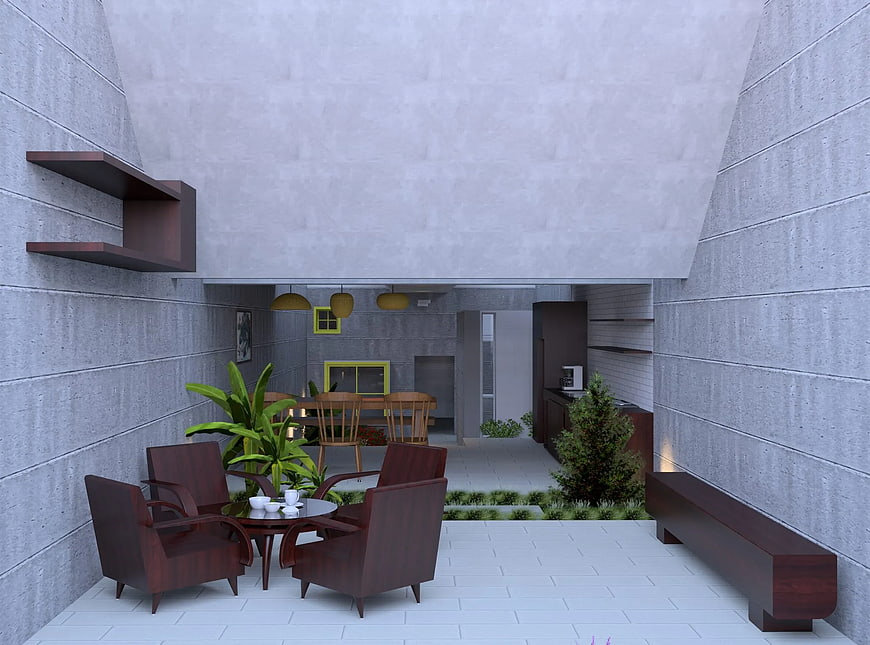Modern Concrete Courtyard with Wooden Furniture and Plants