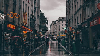 Rainy Parisian Street Scene with Neon Signs and Pedestrians