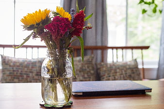 Sunflowers and Red Flowers in Mason Jar on Wooden Table