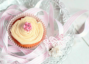 Pink Cupcake with Ribbon and Butterfly on Silver Tray