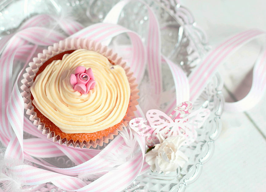 Pink Cupcake with Ribbon and Butterfly on Silver Tray