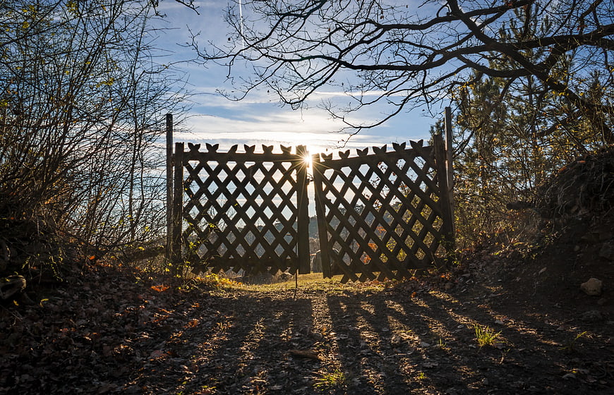 Rustic wooden lattice gate in autumn forest path