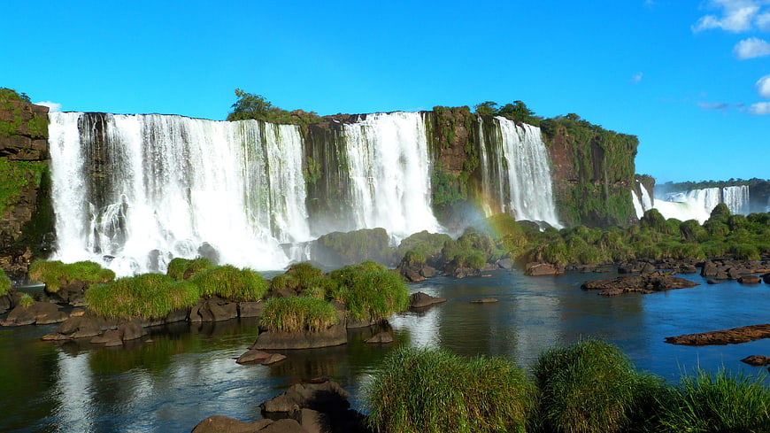 Iguazu Falls Waterfall Landscape With Blue Sky And Green Vegetation