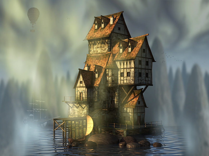Fantasy medieval house on water with hot air balloon