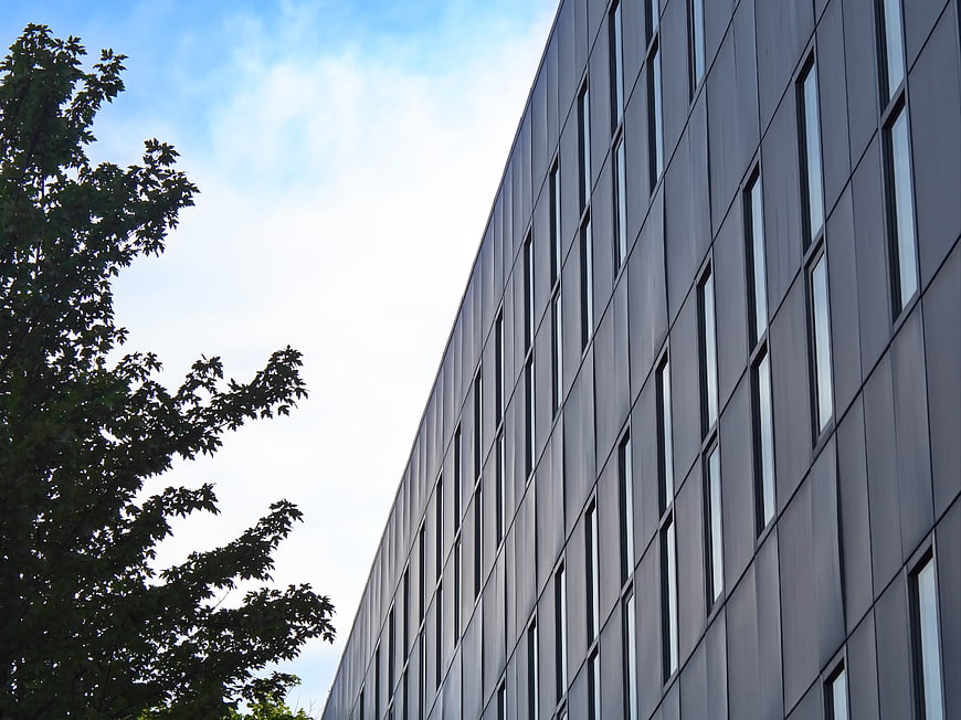Modern gray office building facade with tree and sky