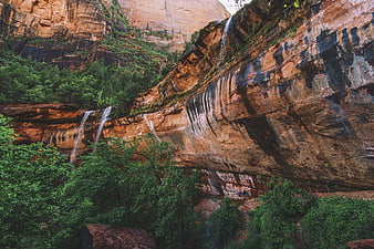 Waterfall cascading down red sandstone cliffs in lush canyon