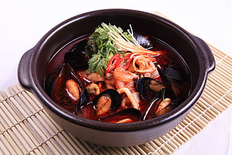 Korean Jjampong Seafood Noodle Soup in Ceramic Bowl