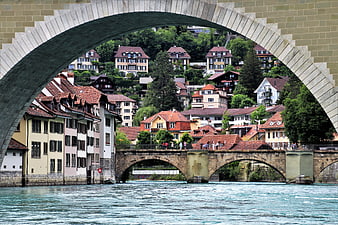 Bern Switzerland Old Town View Through Stone Bridge Arch Over River