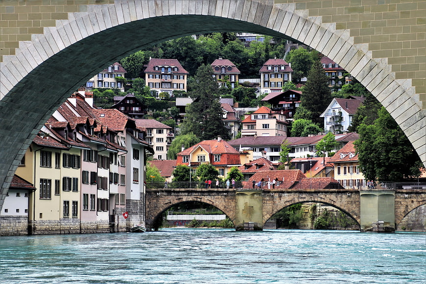 Bern Switzerland Old Town View Through Stone Bridge Arch Over River