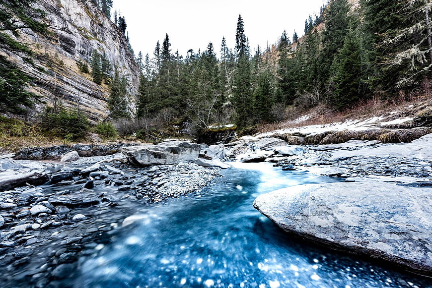 Flowing Mountain River in Swiss Alps Forest