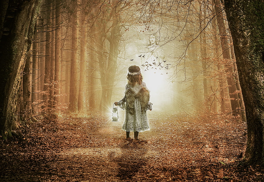 Mystical girl with wings holding lantern in enchanted autumn forest