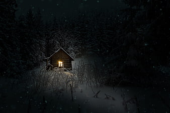 Cozy wooden cabin with glowing window in snowy winter forest at night