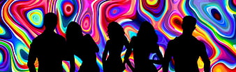 Silhouettes of people dancing against psychedelic rainbow background