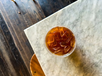 Top View of Iced Coffee on Marble Table