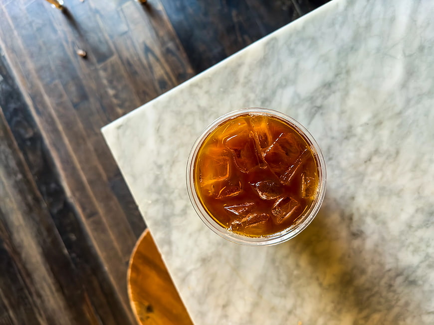Top View of Iced Coffee on Marble Table
