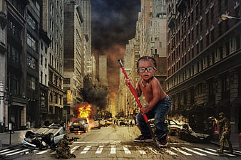 Toddler with red staff in burning city street with soldiers