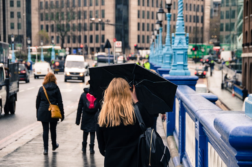 Woman with Black Umbrella Walking on London Bridge