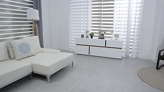 Modern White Living Room Interior with Sofa and Sideboard
